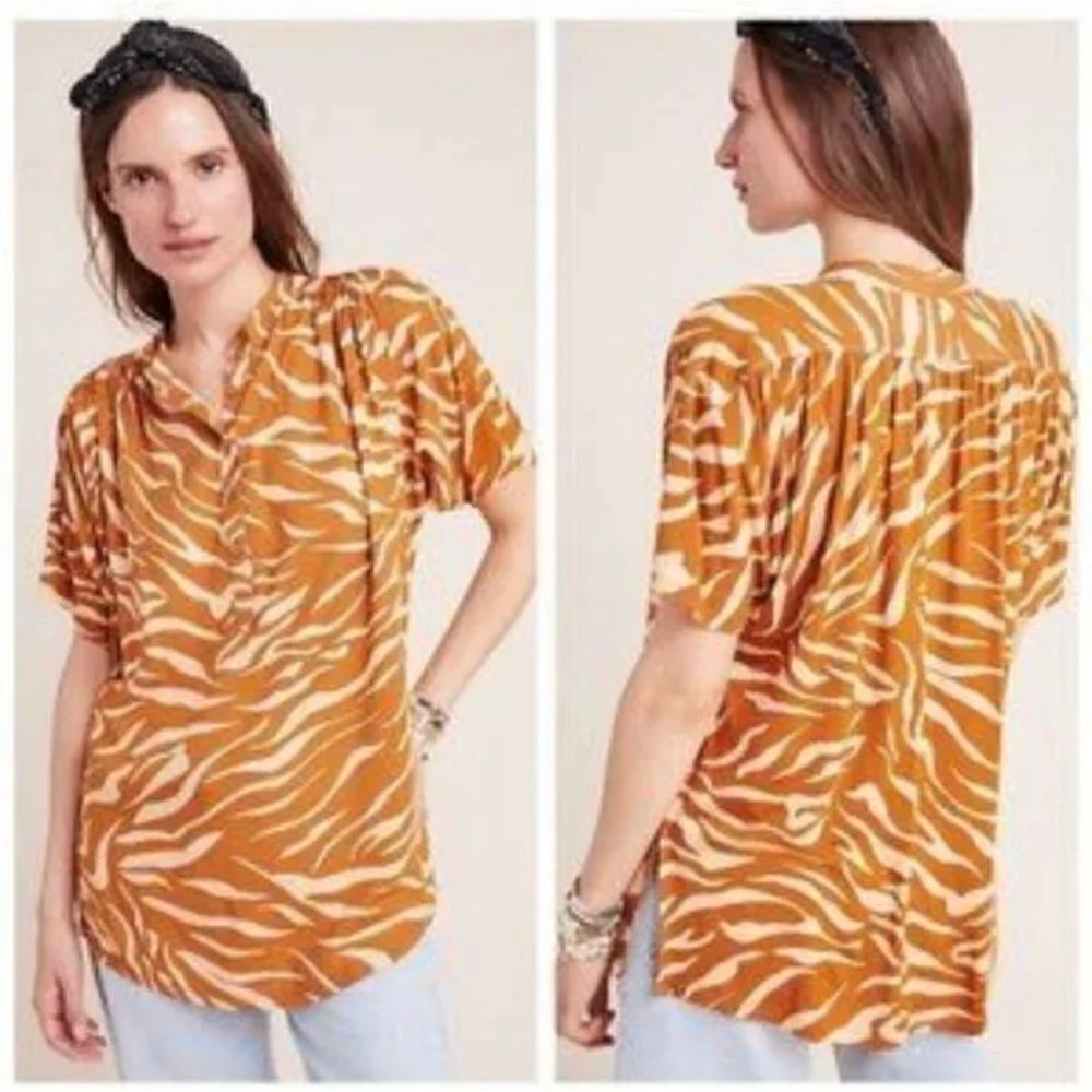 Anthropologie Maeve Boho Animal Print Cedar Windham Blouse Top